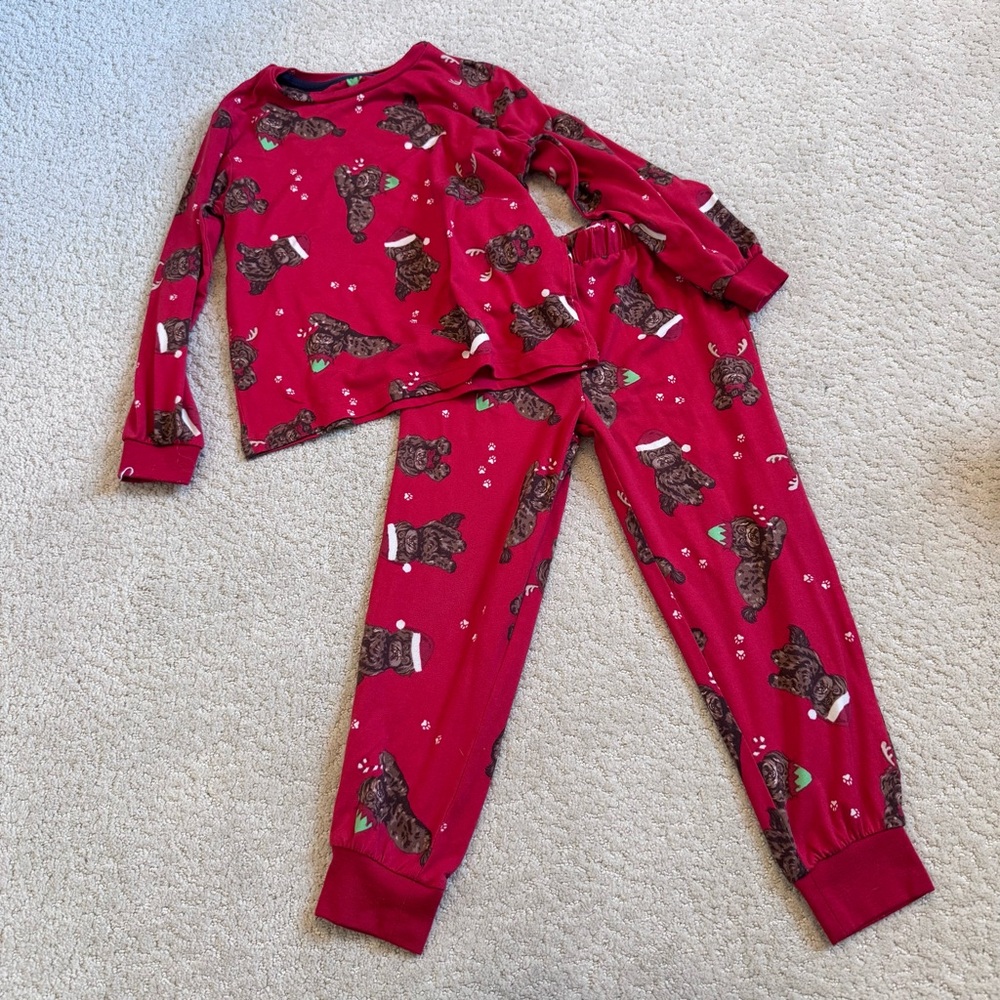 Chelsea Peers Kids Long Sleeve Pants Pajamas Set Dog Red Holiday Christmas 5-6